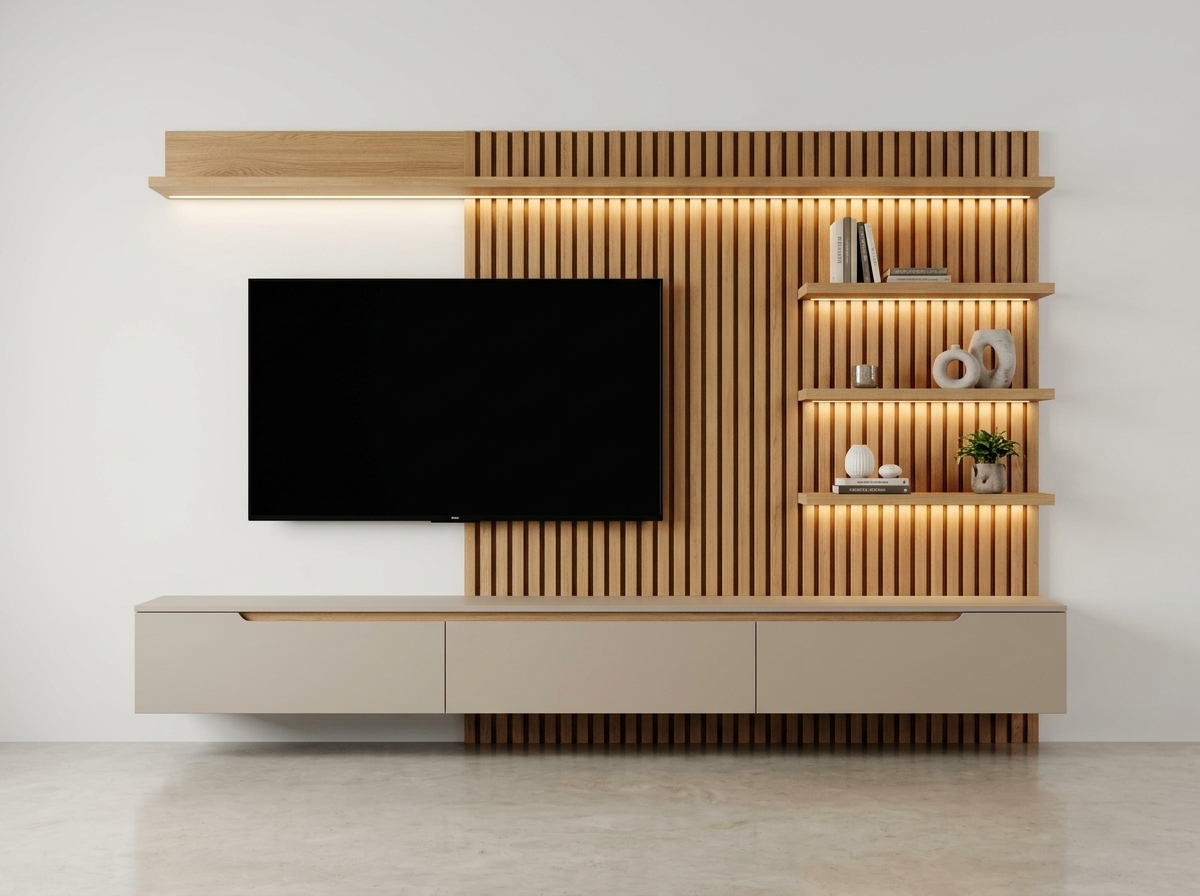 Mueble TV Flotante Roble con Panel Ranurado, Módulos en Melamina